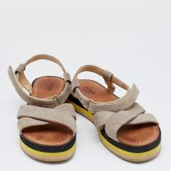 Pre Owned Fendi Grey Embossed FF Suede Criss Cross Flat Sandals Size 36