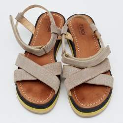 Pre Owned Fendi Grey Embossed FF Suede Criss Cross Flat Sandals Size 36