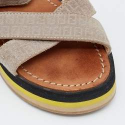 Pre Owned Fendi Grey Embossed FF Suede Criss Cross Flat Sandals Size 36