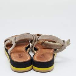 Pre Owned Fendi Grey Embossed FF Suede Criss Cross Flat Sandals Size 36