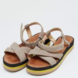 Pre Owned Fendi Grey Embossed FF Suede Criss Cross Flat Sandals Size 36