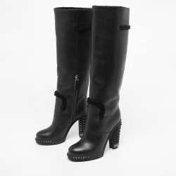 Pre Owned Fendi Black Leather Studded Knee  Boots Size 37