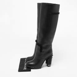 Pre Owned Fendi Black Leather Studded Knee  Boots Size 37