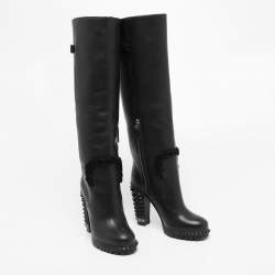 Pre Owned Fendi Black Leather Studded Knee  Boots Size 37