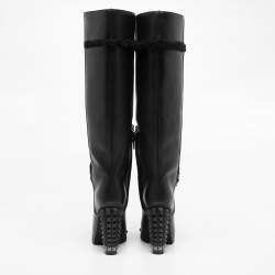 Pre Owned Fendi Black Leather Studded Knee  Boots Size 37