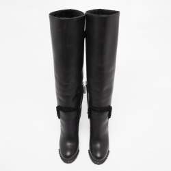 Pre Owned Fendi Black Leather Studded Knee  Boots Size 37