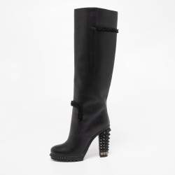 Pre Owned Fendi Black Leather Studded Knee  Boots Size 37