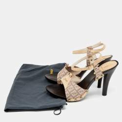 Pre Owned Fendi Multicolor FF Canvas And Leather Wooden Clogs Ankle Strap Sandals Size 39.5