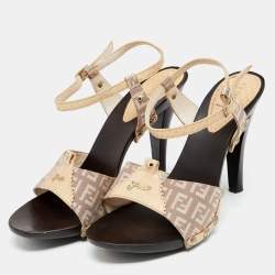 Pre Owned Fendi Multicolor FF Canvas And Leather Wooden Clogs Ankle Strap Sandals Size 39.5