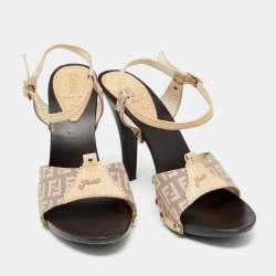 Pre Owned Fendi Multicolor FF Canvas And Leather Wooden Clogs Ankle Strap Sandals Size 39.5