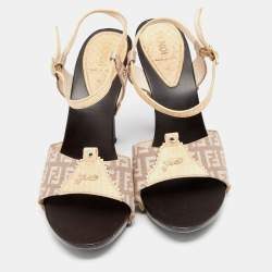 Pre Owned Fendi Multicolor FF Canvas And Leather Wooden Clogs Ankle Strap Sandals Size 39.5