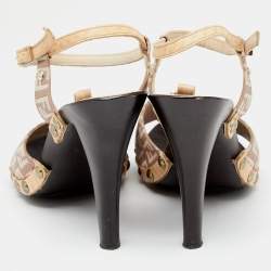 Pre Owned Fendi Multicolor FF Canvas And Leather Wooden Clogs Ankle Strap Sandals Size 39.5