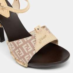 Pre Owned Fendi Multicolor FF Canvas And Leather Wooden Clogs Ankle Strap Sandals Size 39.5