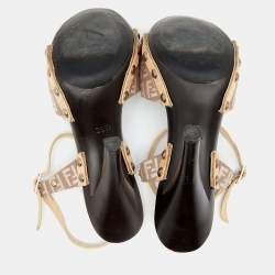 Pre Owned Fendi Multicolor FF Canvas And Leather Wooden Clogs Ankle Strap Sandals Size 39.5