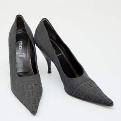 Pre Owned Fendi Black FF Zucca Canvas Pointed Toe Pumps Size 38.5