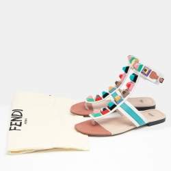 Pre Owned Fendi Multicolor Leather Studded Ankle Cuff Flat Sandals Size 37