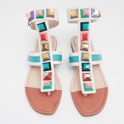 Pre Owned Fendi Multicolor Leather Studded Ankle Cuff Flat Sandals Size 37