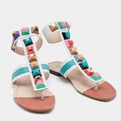 Pre Owned Fendi Multicolor Leather Studded Ankle Cuff Flat Sandals Size 37