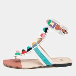Pre Owned Fendi Multicolor Leather Studded Ankle Cuff Flat Sandals Size 37
