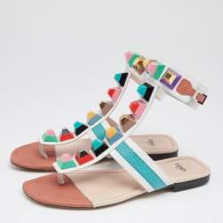 Pre Owned Fendi Multicolor Leather Studded Ankle Cuff Flat Sandals Size 37