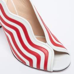 Pre Owned Fendi White/Red Striped Leather Peep-Toe Pumps Size 39.5