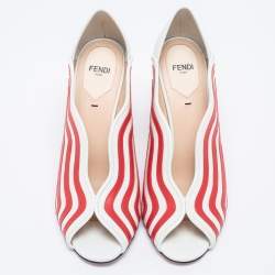 Pre Owned Fendi White/Red Striped Leather Peep-Toe Pumps Size 39.5
