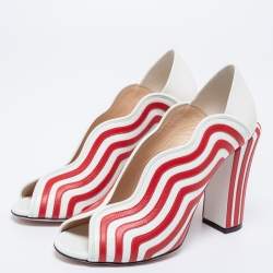 Pre Owned Fendi White/Red Striped Leather Peep-Toe Pumps Size 39.5