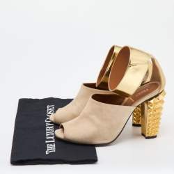 Pre Owned Fendi Beige/Gold Suede and Leather Studded Block Heel Sandals Size 40.5