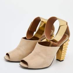 Pre Owned Fendi Beige/Gold Suede and Leather Studded Block Heel Sandals Size 40.5