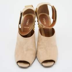 Pre Owned Fendi Beige/Gold Suede and Leather Studded Block Heel Sandals Size 40.5