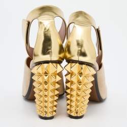 Pre Owned Fendi Beige/Gold Suede and Leather Studded Block Heel Sandals Size 40.5