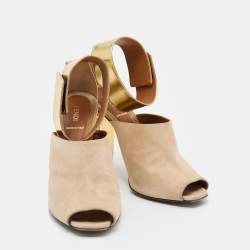 Pre Owned Fendi Beige/Gold Suede and Leather Studded Block Heel Sandals Size 40.5