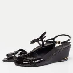 Pre Owned Fendi Black Patent Leather Wedge Ankle Strap Sandals Size 42