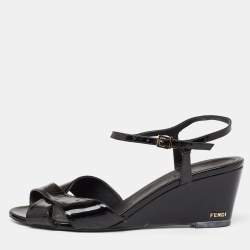 Pre Owned Fendi Black Patent Leather Wedge Ankle Strap Sandals Size 42
