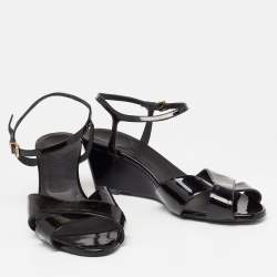 Pre Owned Fendi Black Patent Leather Wedge Ankle Strap Sandals Size 42