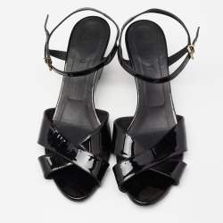 Pre Owned Fendi Black Patent Leather Wedge Ankle Strap Sandals Size 42