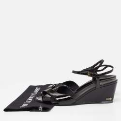 Pre Owned Fendi Black Patent Leather Wedge Ankle Strap Sandals Size 42