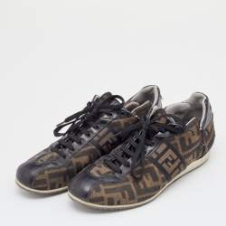 Pre Owned Fendi Brown Zucca Canvas And Leather Trim Low Top Sneakers Size 38.5