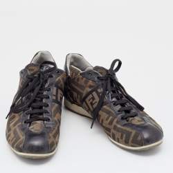 Pre Owned Fendi Brown Zucca Canvas And Leather Trim Low Top Sneakers Size 38.5