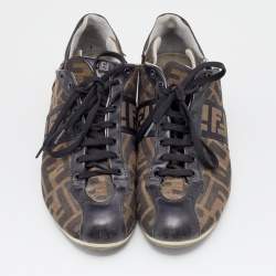 Pre Owned Fendi Brown Zucca Canvas And Leather Trim Low Top Sneakers Size 38.5