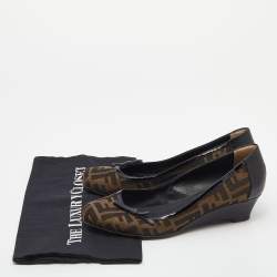 Pre Owned Fendi Brown/Black Zucca Canvas And Leather Wedge Pumps Size 39