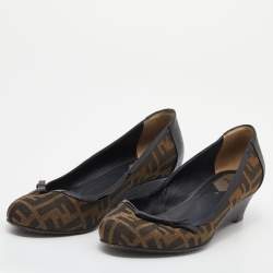 Pre Owned Fendi Brown/Black Zucca Canvas And Leather Wedge Pumps Size 39