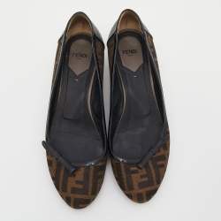Pre Owned Fendi Brown/Black Zucca Canvas And Leather Wedge Pumps Size 39