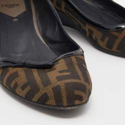 Pre Owned Fendi Brown/Black Zucca Canvas And Leather Wedge Pumps Size 39