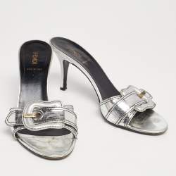 Fendi Silver Leather B Buckle Slide Sandals Size 38