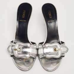 Fendi Silver Leather B Buckle Slide Sandals Size 38