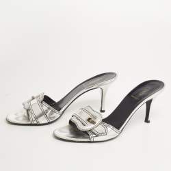 Fendi Silver Leather B Buckle Slide Sandals Size 38