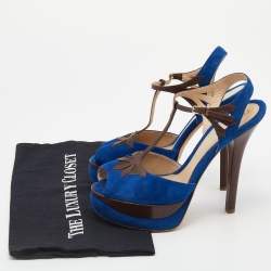 Fendi Blue/Brown Suede and Leather T-Bar Ankle-Strap Platform Sandals Size 38
