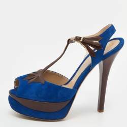 Fendi Blue/Brown Suede and Leather T-Bar Ankle-Strap Platform Sandals Size 38