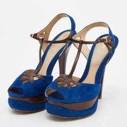 Fendi Blue/Brown Suede and Leather T-Bar Ankle-Strap Platform Sandals Size 38